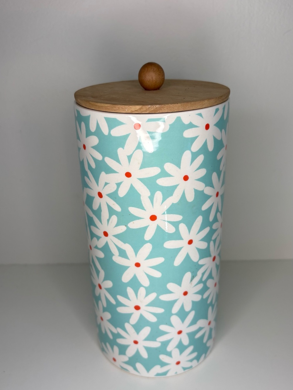 Aqua Daisy Ceramic Canister with Wooden Lid
